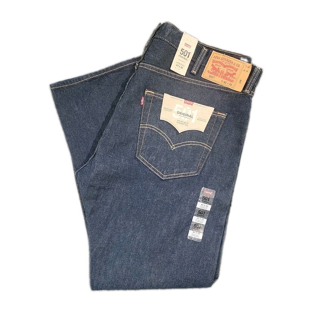 Levis 501 Jeans Mens 42X32 Original Straight Button Fly Stretch Dark Wash NEW